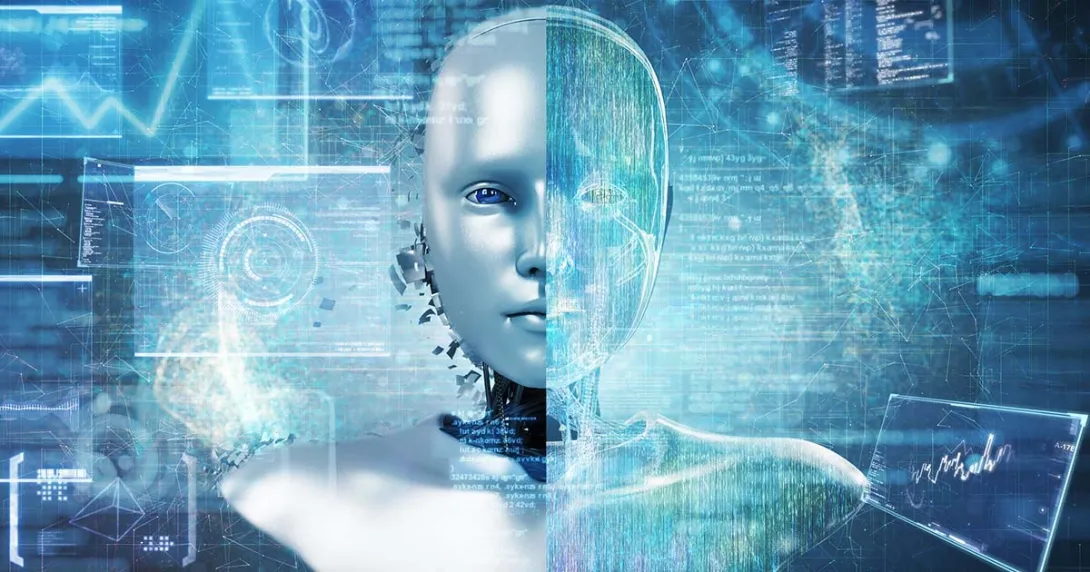 
  Artificial Intelligence robot and a futuristic data panel background
