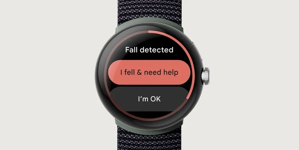
  A Google Pixel Watch displaying a fall detection notification.
