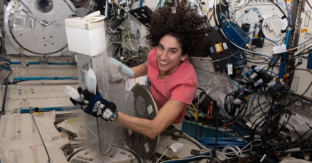 Flight engineer Jasmin Moghbeli works to retrieve Media Babs for Emory University's Project EAGLE investigation.