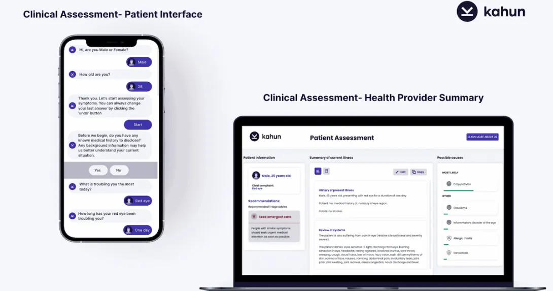 A smartphone displaying the Kahun chatbot and a laptop showing the assessment provided to clinicians.