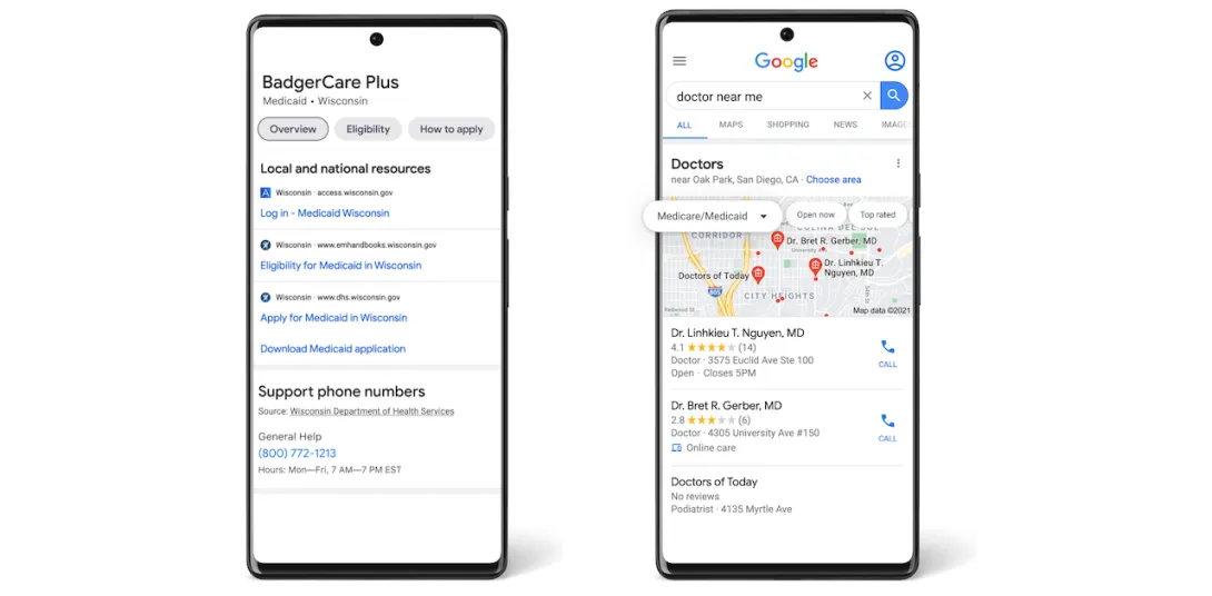Two smartphones displaying the Medicare and Medicaid information in search as well as the Medicaid filtering feature.